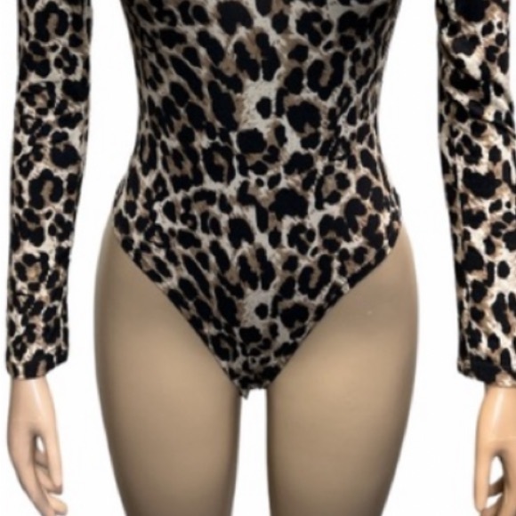Leopard Print Bodysuit Turtleneck Long Sleeve full bottom brown tan,black size L - Picture 10 of 17
